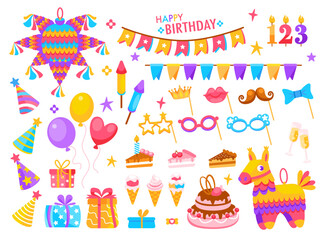 Fototapeta premium Birthday party elements. Holiday celebrating with decoration. Festive decorative kids accessories stickers. Cute gifts, balloons, dessert, flags, candle. Event objects. Vector set