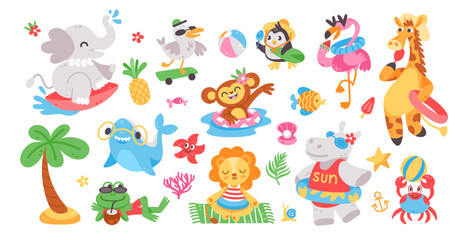 Cute animals on vacation. Cartoon summer adorable animal and bird. Giraffe in straw hats, elephant on surf, seagull on beach, funny hippo with swim ring. Vector children collection