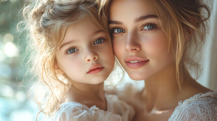 Obraz premium Close-Up Portrait of Mother and Daughter Highlighting Their Bond and Beauty