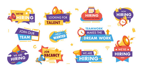 Megaphones offer banners. Hiring megaphone labels. Recruitment job vacancy. Communication teamwork loudspeaker. Job announcement. HR and career vector badges