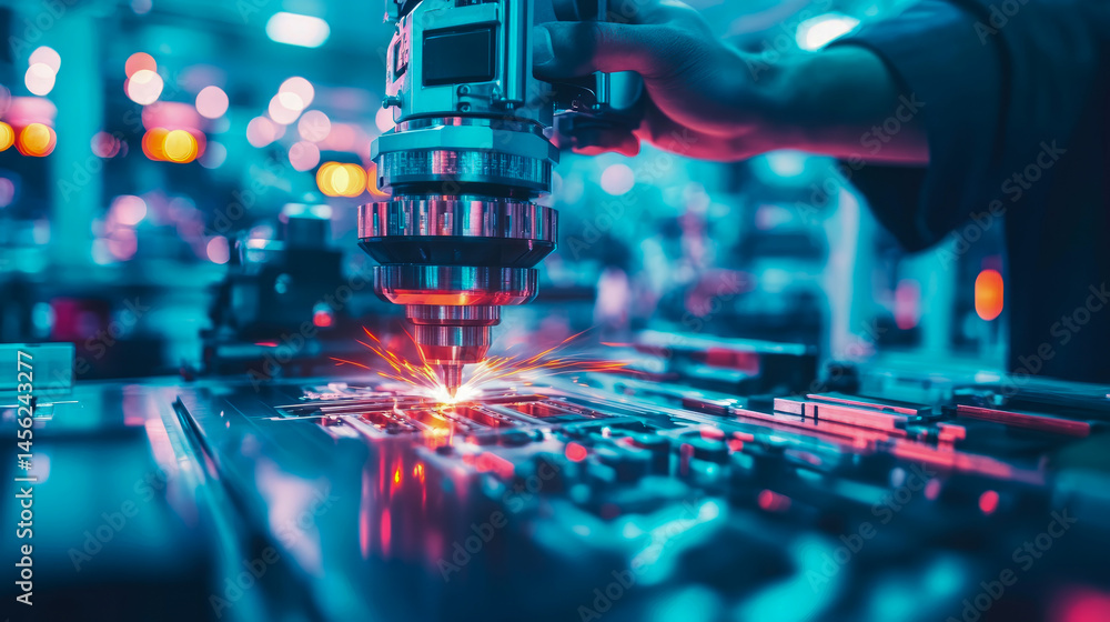 Poster precision: advanced robotic drilling in intense blue and red tones for industrial automation process