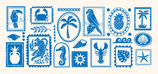 Tropical summer elements. Hand drawn exotic shape stickers. Retro abstract jungle palm, wild bird, shells, leopard, fruit. Silhouette stamp, frame. Vector set
