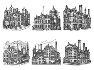 brewery buildings and beer factories, featuring chimneys, barrels, tanks, and ornate architecture from the industrial era Set collection bundle sketch engraving generative ai raster illustration. 