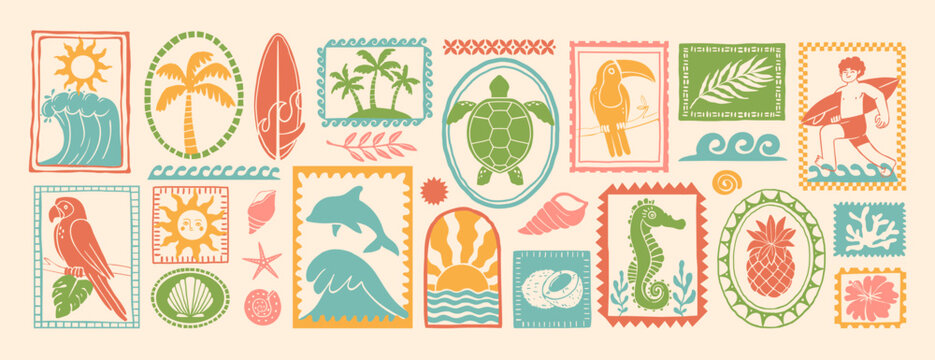 Summer shapes elements. Cartoon Hawaii tropic exotic paradise frames with animal, bird, flower, surf, people, palm tree. Ethnic collage with stamps. Vector set