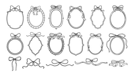 Retro hand drawn frames. Vintage ribbon and bow elements. Coquette elegant oval frame with classic ornate decor for branding, wedding invitation, poster. Vector set