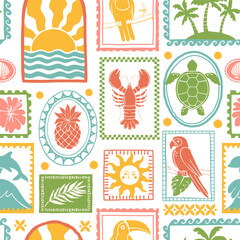 Summer tropical pattern. Hand drawn exotic Hawaii seamless background. Paradise flower, toucan, parrot, palm, surf, frames. Trip nature vector patchwork print