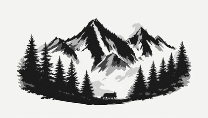 Black silhouette of mountains and fir trees camping adventure wildlife landscape panorama illustration icon vector for logo, isolated on white background.