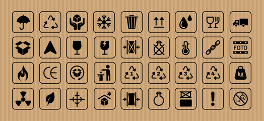 Packaging symbols. Shipping boxes icon. Parcels, packaging materials. Sticker labels for packages. Product safety, logistics communication, global e-commerce. Vector collection