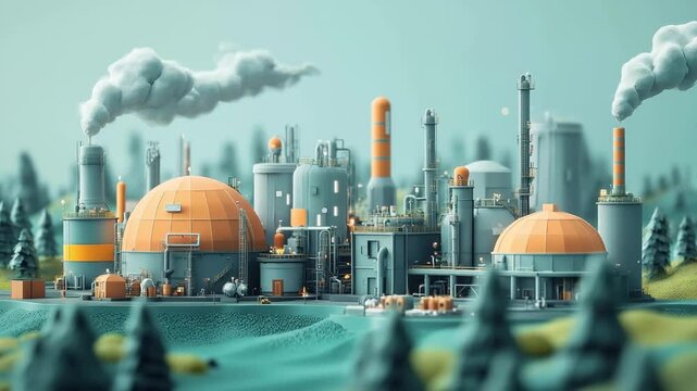 3D illustration of a biogas plant with spherical digesters and industrial structures, surrounded by trees and emitting smoke, representing clean energy production renewable gas conversion technology