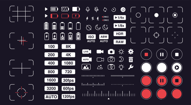 Camera interface. Smartphone camera UI icons. Mobile phone viewfinder, photo settings. Tablets digital cameras, photography apps, mobile video accessories. Vector cellphone symbols