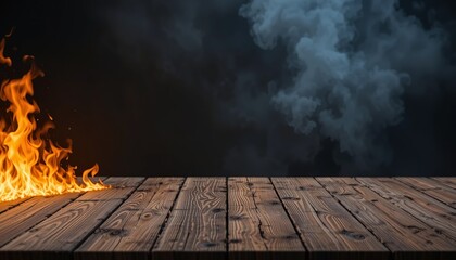 Blank wooden table with fire burning at the edge of the table, fire sparks and smoke with flames on a dark background to display products.