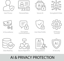 AI & Privacy Protection Icons – 12 Editable Line Icons for Data Security, User Privacy, and AI Regulations | Vector Set in AI, EPS, SVG | Designed in Adobe Illustrator