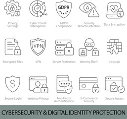Cybersecurity & Digital Identity Protection Icons &ndash; 12 Editable Line Icons for Security, Data Protection, and GDPR Compliance | Vector Set in AI, EPS, SVG | Designed in Adobe Illustrator
