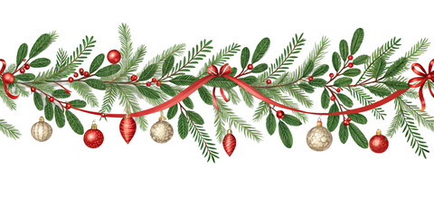Decorative banner or seamless pattern with green branches and christmas ornaments and ribbons on transparent PNG