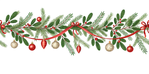 Decorative banner or seamless pattern with green branches and christmas ornaments and ribbons on transparent PNG