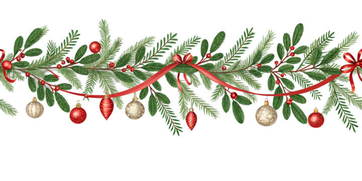 Decorative banner or seamless pattern with green branches and christmas ornaments and ribbons on transparent PNG