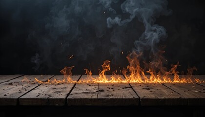 Blank wooden table with fire burning at the edge of the table, fire sparks and smoke with flames on a dark background to display products.