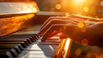Hands playing piano at sunset