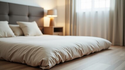 Twin Floor Bed. Grounding sheets Microfiber sheet Coverless duvet Rest Japanese mattress Threads co-living Saatva bed-in-a-box Cozy white with pillows in modern bedroom interior