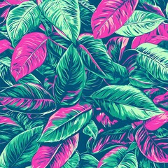 Tropical Leaf Pattern: Vivid, stylized illustration of tropical leaves in vibrant shades of teal, pink, and magenta, creating a lush and exotic design.