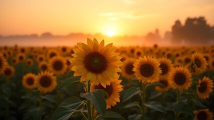 Obraz premium Golden Sunflower Field at Sunrise: A Radiant Landscape of Summer Blooms Bathed in Warm, Vibrant Light
