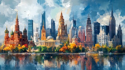 Collage of iconic world landmarks and modern skyline reflected on water high resolution photo