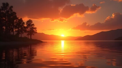 Fototapeta premium Breathtaking sunset over still lake water with mountain backdrop and tranquil orange and yellow sky.