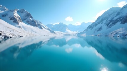 Obraz premium Turquoise Lake Reflecting Snowy Mountains Under Clear Sky Winter Alpine Landscape Scenery.