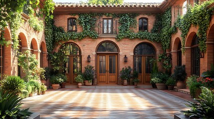 Colonial architecture with terracotta roof and garden design high resolution photo