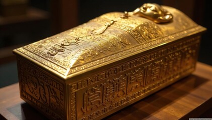 Golden sarcophagus lid with intricate carvings, death, texture, old kingdom
