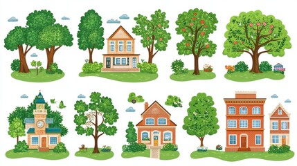 Fototapeta premium Pixelated Neighborhood Houses and Trees Charming Old School Aesthetic Retro Game Design Element Pixel Art Village Illustration
