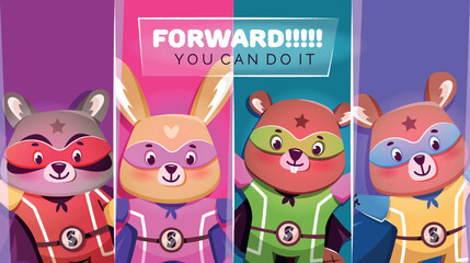 Motivational banner with colorful cartoon animals.  Bright characters to inspire and motivate children. Animal superheroes: bear, raccoon, rabbit, beaver.