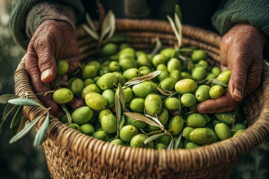 Close-up shot of an elderly person's hands holding a basket of green olives ready for harvest.