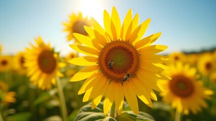 Fototapeta premium Bees Pollinating Sunflowers in Vibrant Summer Field Under Blue Sky