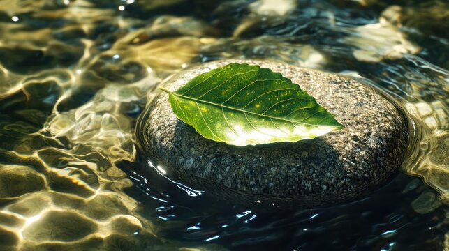A vibrant green leaf resting on a smooth river stone partially submerged in clear water sunlight creating soft ripples - Powered by Adobe