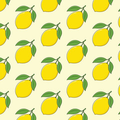 Lemons with leaves seamless pattern, citrus fruit vector illustration. 