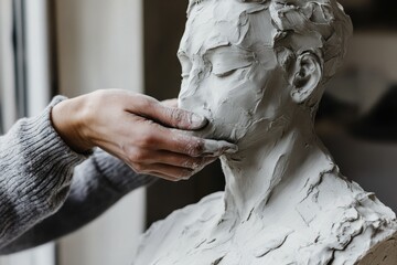 A sculptor's hands carefully refine the clay, adding detail to a human bust.