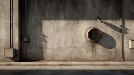 Realistic industrial scene featuring concrete wall with air vent, showcasing shadows and textures that evoke sense of urban environment. composition highlights simplicity and rawness of industrial
