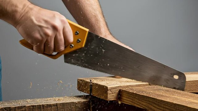 Close-up shot of a carpenter's hands expertly sawing through a piece of wood with a hand saw sawdust flying creating a dynamic scene