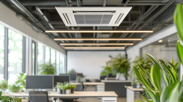 Modern office interior with ceiling mounted air conditioning units.