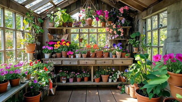 Greenhouse haven plants in terracotta pots sit in rustic wooden building with window views & shelves