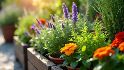 Vibrant Flowerbed with Zinnias, Lavender, and Other Colorful Blooms in Wooden Planters