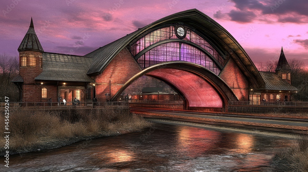 Poster enchanting architecture reflected in twilight waters a magical bridge landscape bathed in the soft h