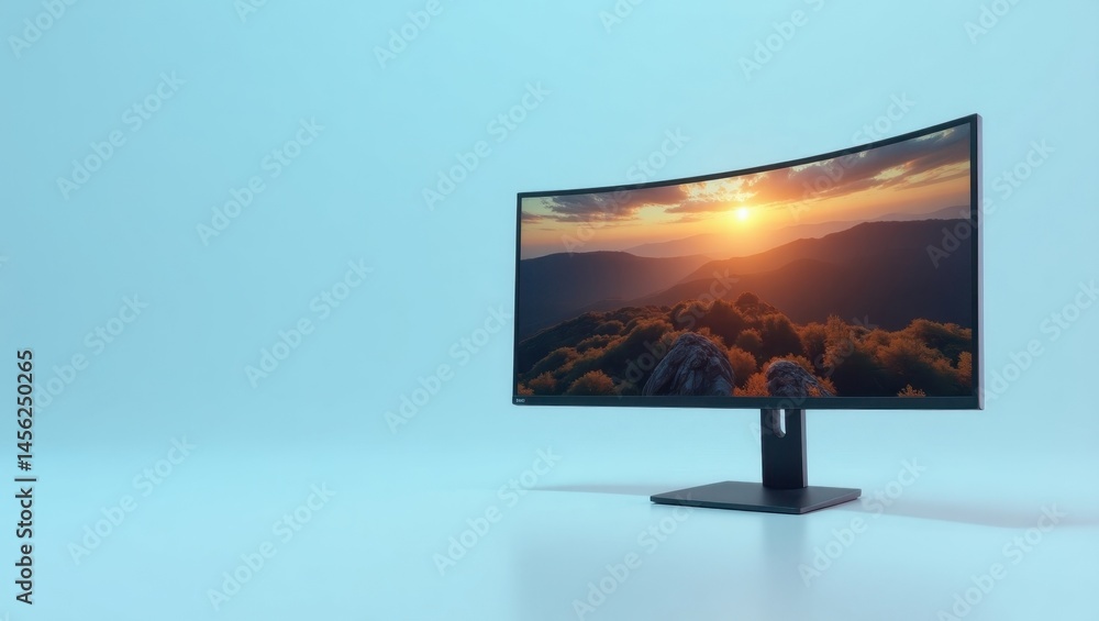 Poster ultrawide. computer sunset serenity. isolated background, copyspace.. serene computer setup evokes f