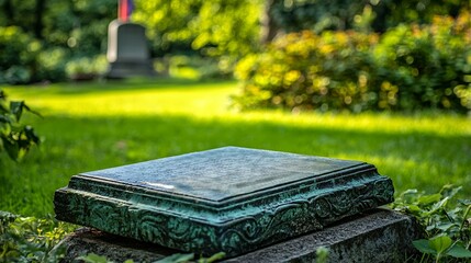 A weathered stone monument in a serene cemetery with lush greenery and distant memorial structure