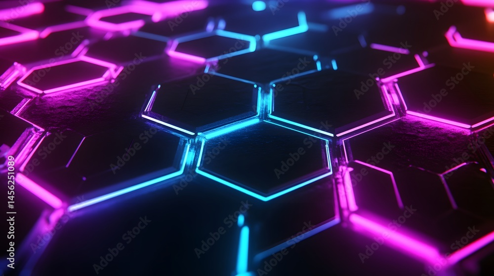 Aufkleber close-up view of glowing hexagonal shapes in vibrant colors.