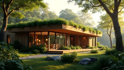Fototapeta premium Modern Eco-Friendly House with Green Roof and Lush Greenery