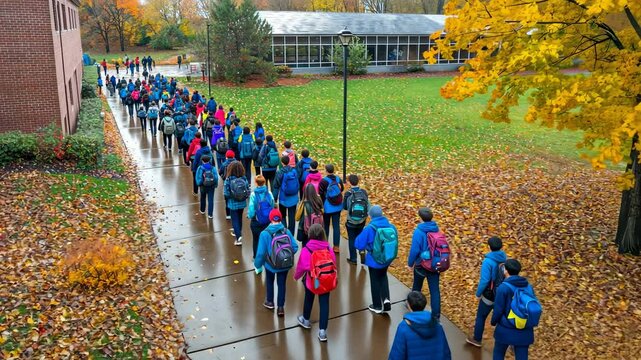 Students walking along a path