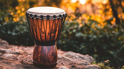 African djembe drum resting on natural earth background, highlighting rhythmic cultural roots