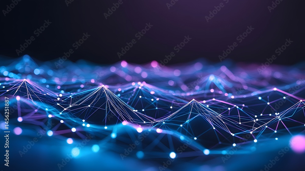 Poster abstract digital network landscape with glowing points and lines.